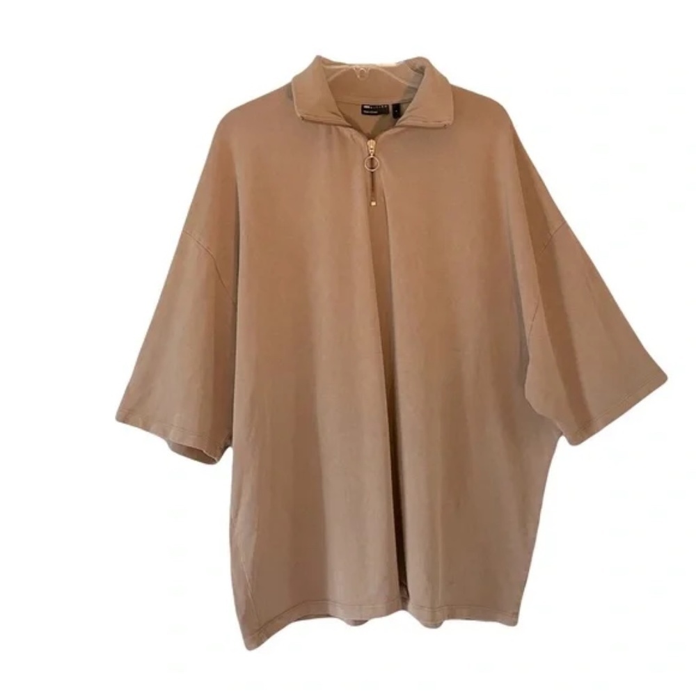 ASOS | Tan Quarter Zip Relaxed Fit Short Sleeve Cotton Polo Shirt, Men's Large